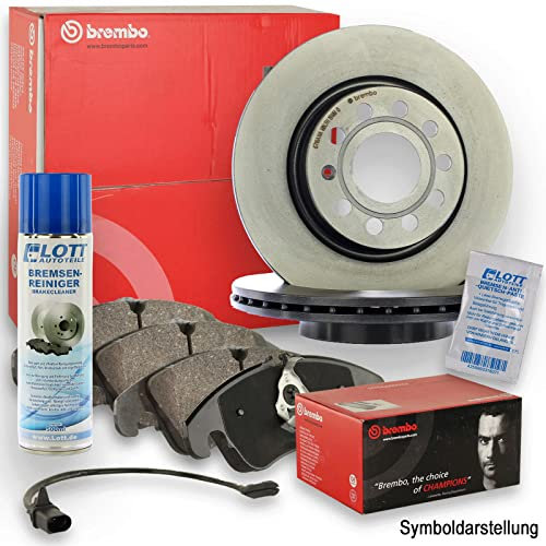 Original Brembo Bremsscheiben vorne + Brembo Bremsbeläge Bremsklötze Bremsenset Bremsenkit Komplettset Vorderachse + Bremsenreiniger