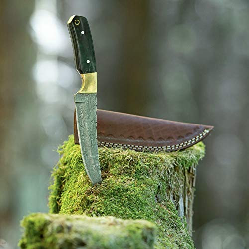elToro Brass Horn - Damast - Jagdmesser - 14cm - inkl. Lederscheide; Messer für Camping, Outdoor, Survival