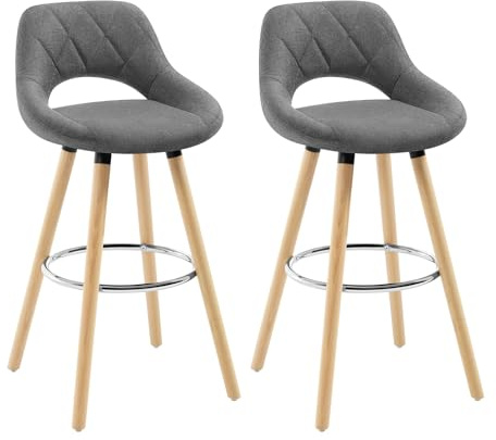 WOLTU Tabouret Bar, Lot de 2, Chaise Haute Bar, Tabouret Haut avec Dossier et Repose-Pieds, Cadre en Bois, Siège en Lin, Gris foncé, BH111dgr-2