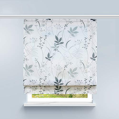 HongYa Raffrollo Voile Gardine Transparente Raffgardine mit Klettschiene Küche Vorhang Kleinfenster H/B 140/80 cm Blatt Muster