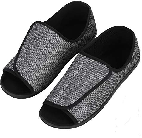 Hommes Chaussons Diabétiques Chaussure Orthopédique Réglable Pantoufles Intérieur Confortable Sandales Pied Large Chausson Fermeture Scratch, Gris 46