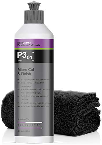 detailmate Koch Chemie Politur Set: Koch Chemie Micro Cut & Finish P3.01 Micro-Schleifpolitur mit Cranaubawachs, 250ml + detailmate randloses Mikrofasertuch, 40 x 40cm, 550GSM