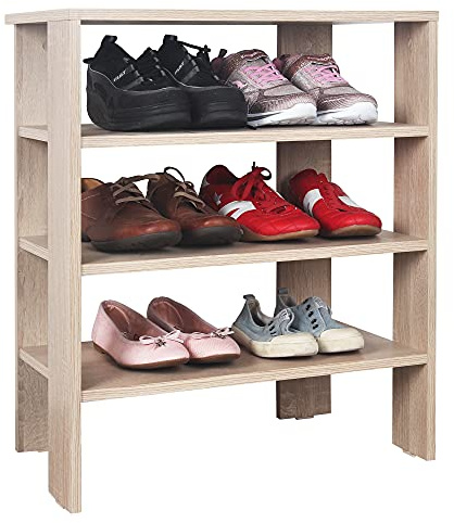 RICOO Schuhregal schmal und hoch 70x55x32cm Standregal Pressholz Eiche Sonoma Braun WM039-ES Schuhständer mit 3 Ebenen Schuhschrank offen Schuhablagen Flur Rack Schuhablage klein Schuhregale