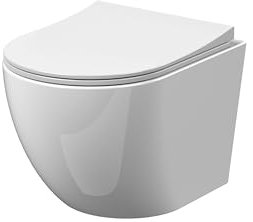 nuie NCG340 Freya | Modern Bathroom Wall Hung Round Rimless Toilet Pan and Soft Close Sandwich Seat Included, 360mm, White