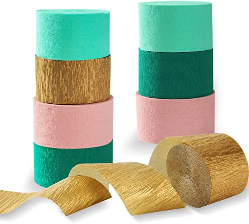 Sage-Green Pink-Gold Crepe Paper Streamers - 8 Rolls Green Party Decorations Streamer Birthday Rustic Wedding Bridal-Shower Bachelorette Engagement Paper Flowers Valentines Mothers Day Decor Panduola
