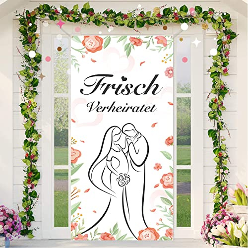 DPKOW Frisch Verheiratet Tür Banner für Hochzeit Deko, Blumen Blätter Brautpaar Banner für Hochzeit Hintergrund Tür Wand Garten Deko Just Married Banner, 185 x 90cm