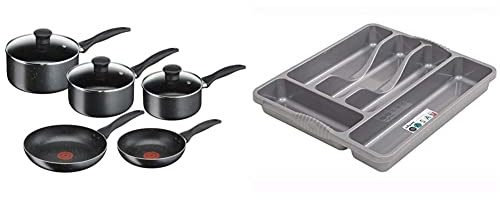 Tefal 5 Piece Origins Stone Pots and Pans Set, Non Stick, Aluminium, Black, & Wham Silver 5 Compartment Plastic Cutlery Holder Tray Drawer Organiser Rack