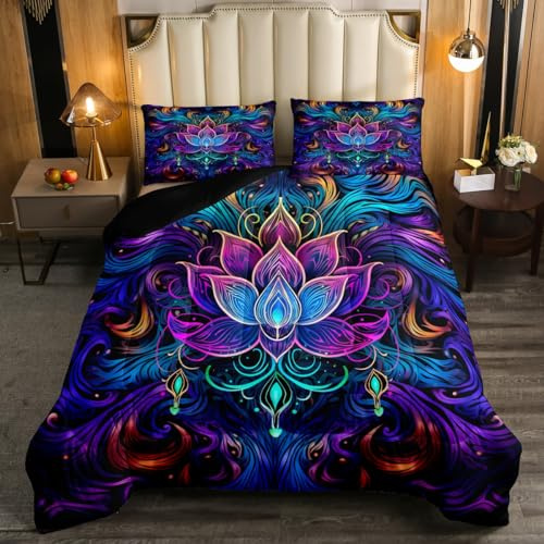 Erosebridal Bohemian Lotus Bedding Queen for Adults Hippie Paisley Comforter Set Tribal Florals Bedding Sets & Collections Exotic Style Down Comforter Gradient Flower Bed Sets Breathable Soft 3 Pieces