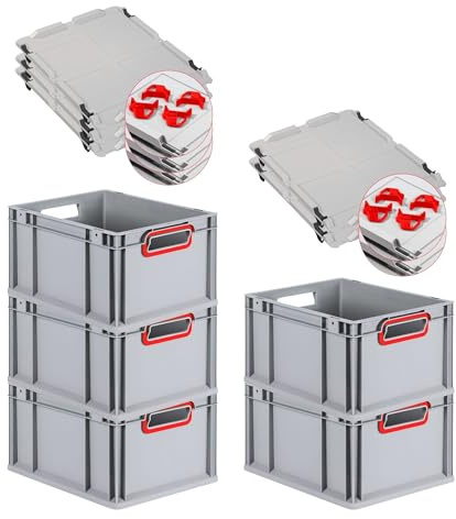 SET SUPER ÉCONOMIQUE 5x Bac Euro NextGen Color avec couvercle d'appui et fermetures à glissière | HxLxP 22x30x40cm, 20 litres | Poignées rouges ouvertes, fond lisse | Eurobox boîte industrielle