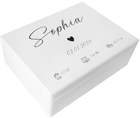 Creative Deco Weiße Erinnerungsbox Baby Personalisiert Herz mit Namen | 40 x 30 x 14 cm | Individuelle Erinnerungskiste Geschenk zur Geburt für Mädchen und Jungen | Holzkiste mit Deckel | Farbdruck