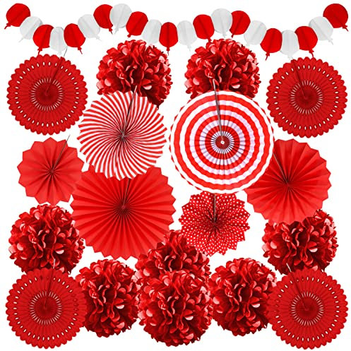 Recosis Rote Party-Dekorationen, Papar-Fächer, Pompons, Girlanden für Geburtstag, Brautparty, Babyparty, Hochzeit, Abschlussfeier, Neujahr, Valentinstag, Party-Dekorationen