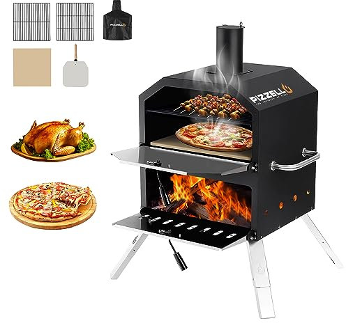 Pizzello Grande Outdoor Wood-Fired Pizza Oven - 16inch 2-Layer, Stone, Peel, Grate, Cover - Camping & Backyard BBQ