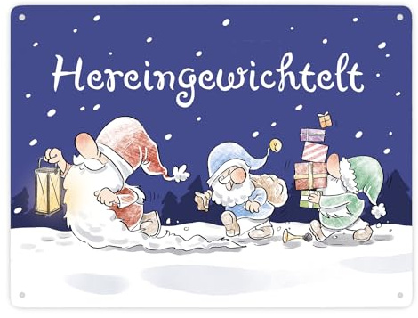 Wichtel Metallschild XXL in 28x38 cm mit Spruch Hereingewichtelt ein dekoratives Blechschild für die Weihnachtszeit lustiges Frauen Weihnachten Motiv Schild Cartoon Wichteln Comic