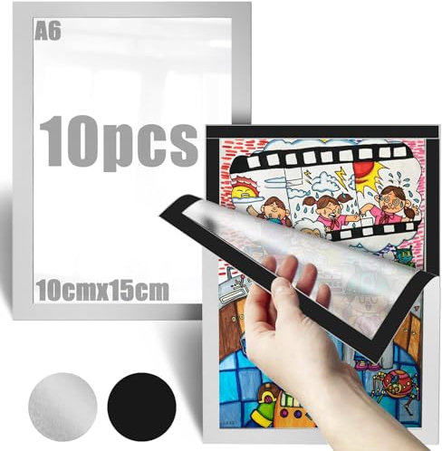 Mbsomnus Magnetrahmen A6 Selbstklebend 10stk Magnet Bilderrahmen Innenmaß 10x15cm Magnetrahmen Bilderrahmen Silber Magnetisch mit Magnetverschluss Infotasche Blatthalter für DIN A6 Schlafzimmer Büro