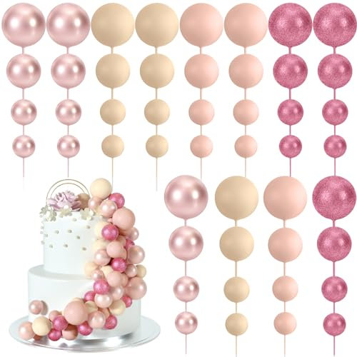 BOUBONI 48 Pz Palline Cake Topper Decorazioni Schiuma Cupcake Topper Palline Decorazioni per Torta Compleanno per Feste di Compleanno Anniversario (Rosa Glitter, Oro Rosa, Marrone Chiaro, Albicocca)