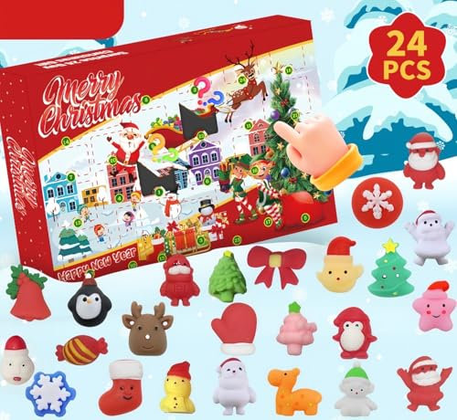 KAHEIGN Calendario de Adviento 2025, Cuenta Regresiva de Navidad de 24 Días Con 24 Piezas Juguetes Blandos Mochi para niños de 3 a 9 años Navideños Regalos Fiesta Decoración (26cm x 21cm)