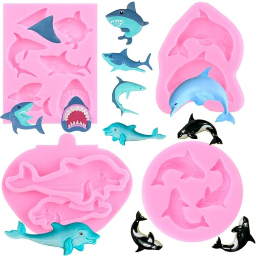 RFGHAC Delphin Silikon Fondant Form s Ozean Hai Fondant Form Killer Wal Schokoladenform s für Zucker Kuchen Dekorieren Cupcake Topper Gummipaste Süßigkeiten Polymer Clay 4 Stück