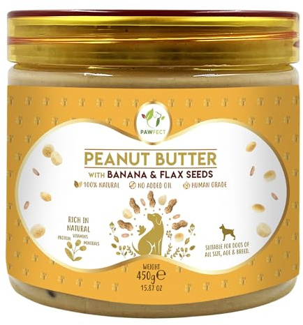 Pawfect Peanut Butter with Banana & Flaxseeds for Dogs & Puppies - 100% Natural- No Added Sugar, Salt, Palm Oil - No Sweeteners, No Xylitol - Healthy Dog Treat - (450g/15.87oz)