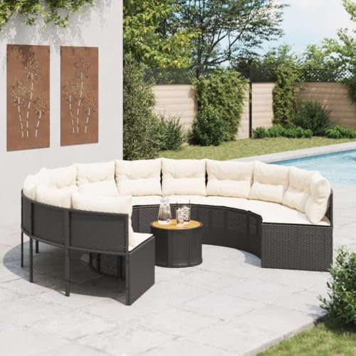 LAPOOH Gartensofa mit Tisch und Kissen Rund Schwarz Poly-Rattan, Balkonmöbel, Gartenlounge, Gartenmöbel, Balkon Sofa, Terrassen Sofa, Terrassenmöbel - 3318548