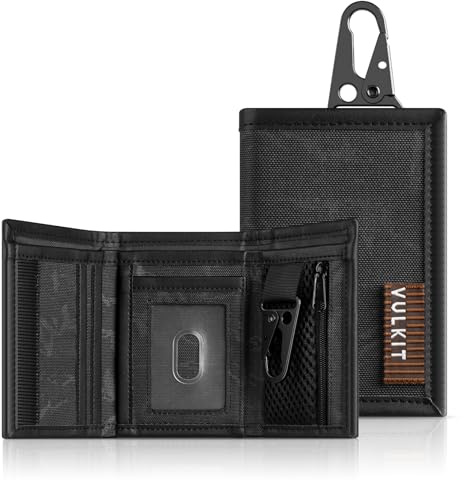 VULKIT Mens RFID Blocking Trifold Wallet Water-Rsistant Fabric and Leather Credit Card Holder with Zip Coin Pocket & Key Buckle for Daily Travel Outdoor