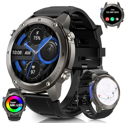AIEK Smart Watch con GPS, Orologio da nuoto, Rispondere/fare una chiamata, Impermeabile 5ATM robusto Fitness Tracker Frequenza cardiaca 1,43” schermo AMOLED, 170+ modalità sportive (Nero)