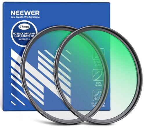 NEEWER Pack de 2 Filtres d'Objectif de Caméra à Diffusion Noire 77mm 1/4 et 1/8, Filtre à Effet Cinématographique,étui de Rangement en Verre Multicouche,pour Photographie de Portrait Brumeux et Rêveur