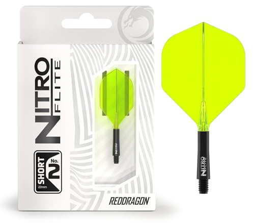 RED DRAGON Darts – Nitro Flite Integrada Sistema de Vuelo y Eje – No.2 Forma y diseño – Negro & Amarillo Color, Longitud Corta