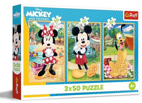 Trefl - Puzzle 3x50 Teile, 3-in-1: Mäuse im Urlaub, Mickey Mouse, 4+