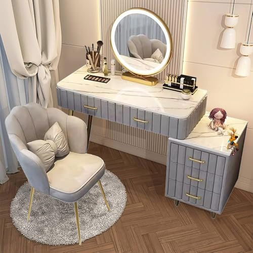 WEAFIEO Tavolo da toeletta con specchio e sgabello, moderna scrivania per il trucco con 3 luci colorate, specchio e 5 cassetti, set da toeletta per camera da letto, comò cosmetico con armadietto