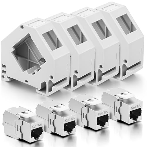 AOOSU 4 Módulos Keystone Cat 6A + 4 Adaptadores de Riel DIN, Soporte Keystone, Adaptador de Riel DIN Estándar de 35 mm para Módulos Keystone de Red Cat6a Cat6 Cat5e, Conector Blindado con Soporte