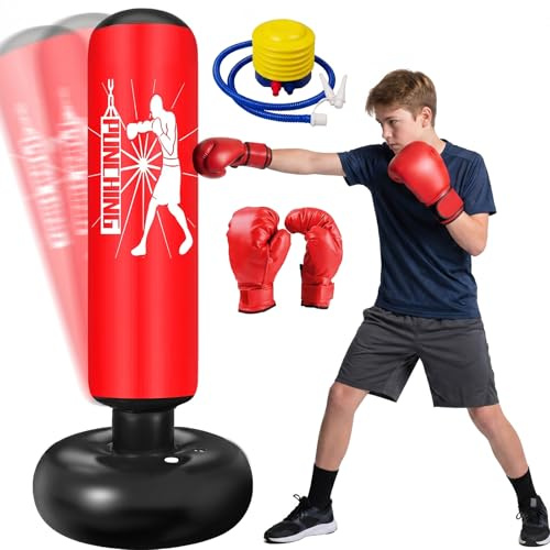 Ninonly Sac de Frappe Enfant 160cm avec Gants et Pompe Punching Ball Enfants pour Karaté Taekwondo Idéal pour Garçons et Filles de 3 à 12 Ans Punching Ball Bureau Parfait pour Maison Rouge Punching