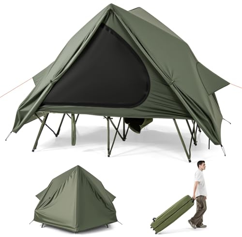 HOMASIS Campingzelt mit Feldbett für 2 Personen, Campingbett mit Sonnendach & Regenschutz, Zelt mit 2 Türen, Fenster & Rolltasche, Campingliege mit Metallrahmen, 300 kg Tragkraft, Grün
