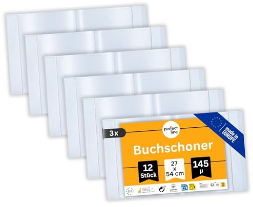 perfect line 36x Buchumschlag 27 cm Höhe, Schulbuchhülle extra stabil aus PP, Buchschoner glasklar, transparent, abwischbar, Hülle bis 54 cm Breite, Made in EU (3 Sets á 12 Stk.)