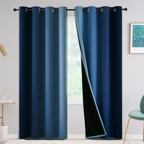 Yakamok 100% Blackout Curtains 84 inches Long,Blue Room Darkening Curtain for Living Room Grommet Thermal Insulated Gradient Drapes for Bedroom,2 Panels,52x84 inch