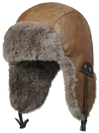Clakllie Wasserdicht Kunstleder Fliegermütze Trappermütze Vintage Wintermütze mit Ohrenklappen Warme Fellmütze Unisex Bomber Hut Russenmütze,PL2508-Camel