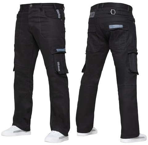 989Zé ENZO Mens Cargo Combat Jeans Casual Cotton Denim Straight Leg Pants Trousers Black 34W / 34L