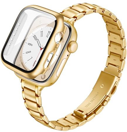G-ficu Slim Stainless Steel Strap with Protective Case Compatible with Apple Watch Straps Women 40mm, Adjustable Ladies Metal iWatch Strap with Protector for Apple Watch Strap Series SE 6 5 4, Gold