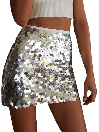Gonna corta scintillante, minigonna con paillettes da donna, gonna corta in tinta unita, minigonna sexy slim fit, minigonna a vita alta night club hip wrap gonne costume da ballerina, Argento, S