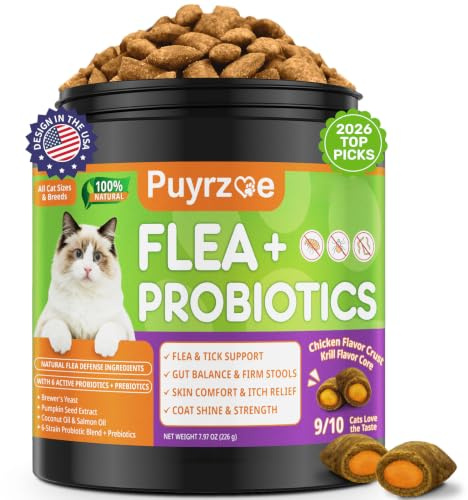 Puyrzoe Cat Flea Treatment Chews, Flea Treatment for Cats, 500 Ct | Flea Chews with 6-Strain Probiotics for Cats, Gut Support, Itch Relief, Skin & Coat Care, Crunchy Krill-Filled Chicken Flavor