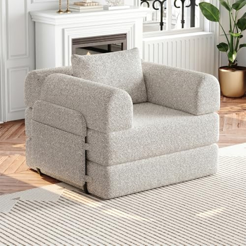 Bäddsoffa, 2-i-1 chenille-bäddsoffa med förvaringsfack i armstödet, loungefåtölj med ergonomisk design, vikbar sovsoffa med sovfunktion, sittsäck soffa vuxna utan montering, khaki