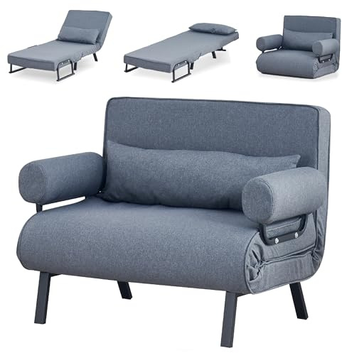 LSBIKE Schlafsofa 4 in 1 mit Bettfunktion, Schlafsessel mit Armlehne und Kissen, Klappbar Couch Schlafcouch mit 6-stufig Verstellbarer Rückenlehne, Tragbares Gästebett für Zuhause （Grau, 100 cm）