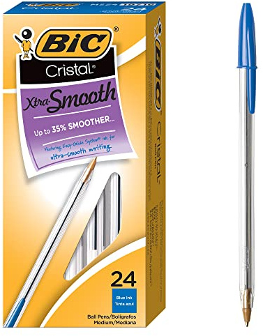 BIC Cristal Xtra Smooth Blue Ballpoint Pens, Medium Point (1.0mm), 24-Count Pack, Extra Smooth and Reliable Ballpoint Pens