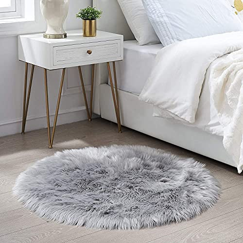 HLZDH Oveja de Piel sintética Felpudo Alfombra Antideslizante Lujosa Suave Lana Artificial Alfombra para salón Dormitorio baño sofá Silla cojín (Ronda Gris, 60 X 60 CM)
