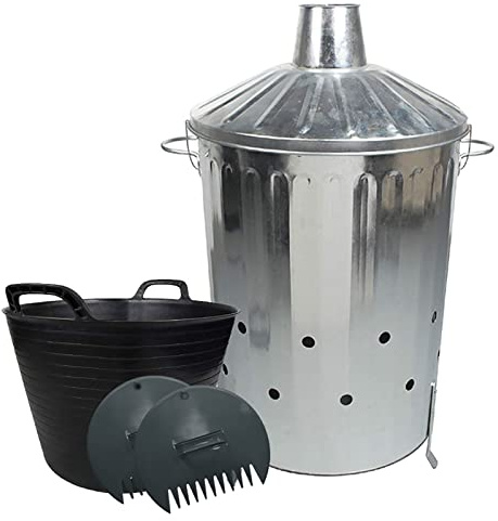 Large 90L Galvanised Incinerator Bin, Mini Shovel, 42L Flexi Tub and Plastic Leaf Grabber Set.