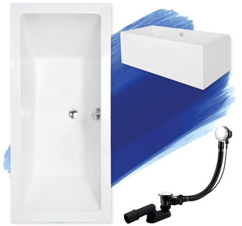 BADLAND Original Rechteck Badewanne Wanne Exklusiv Weiß Quadro 180x80 KOMPLET KOMPLETTSET SET Acrylschürze, Füßen und Premium Chrom Automatik Ablaufgarnitur Premium Made in EU 4in1