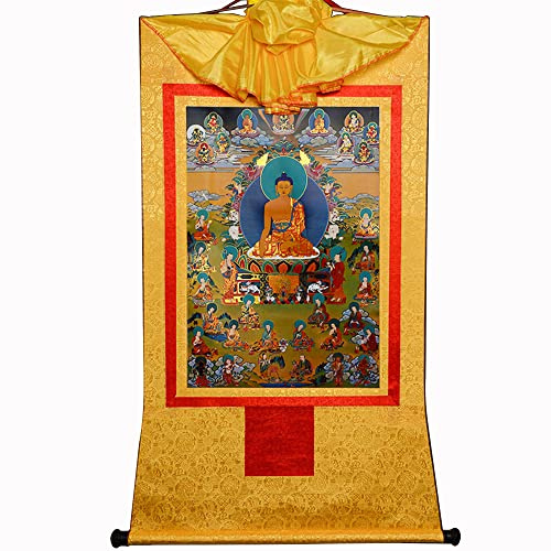 Gandhanra Thangka Tibetische Wandbehang,Shakyamuni und die Achtzehn Arhats,Heißgeprägter Buddha Wandteppich für Zen Wohnkultur, Meditation, Spirituelle Entspannung und Ruhe