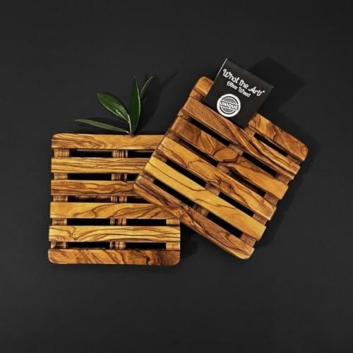 What the Art!® Olive Wood «Palette» Gr. S | 2er Set Olivenholz Untersetzer | Handarbeit | 10,5 x 10,5 x 2 cm | Glasuntersetzer - Tassenuntersetzer - Bierdeckel