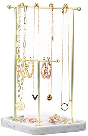 Emibele Schmuckständer, 2-stöckiger Schmuckhalter mit Rhombischem Harztablett, Metall Schmuckbaum Schmuckablage, Schmuck Organizer für Halsketten, Armbänder, Ohrringe, Ohrstecker, Ringe - Marmor Weiß