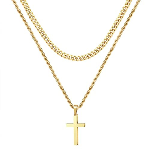 Ursteel Gold Cross Necklace for Men - 18K Gold Plated Cross Chain Necklace for Men Jewelry Gifts 16 18 Inch Layered Rope Chain Mens Gifts
