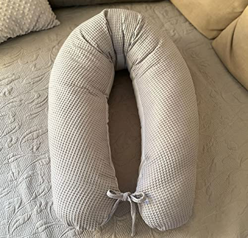 LOOLAY Schwangerschaftskissen - Stillkissen 170 cm - Seitenschläferkissen 100% Baumwolle - mit Abnehmbarem Bezug - Ergonomisches Schwanger Kissen für Schlafen (Waffel Grau/Grau)